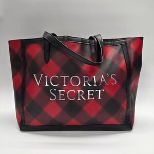 Victorias Secret Weekender Carryall Tote Red Black Plaid Handbag Purse Holiday‎